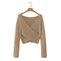 Fuzzy V-Neck Long-Sleeved Crop Top Sweater