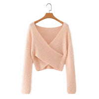 Fuzzy V-Neck Long-Sleeved Crop Top Sweater