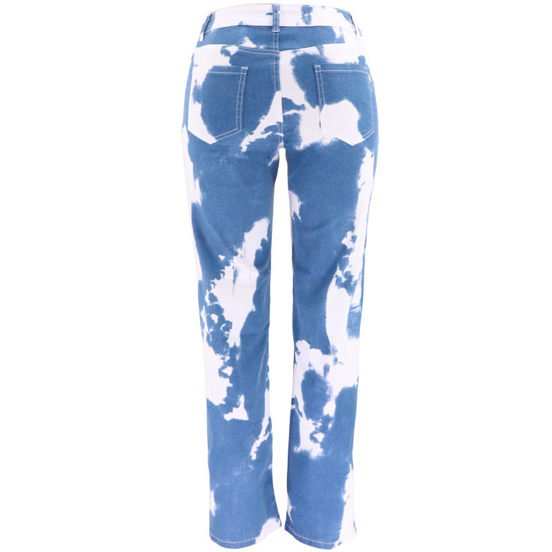 Tie Dye Print Straight Leg Jeans