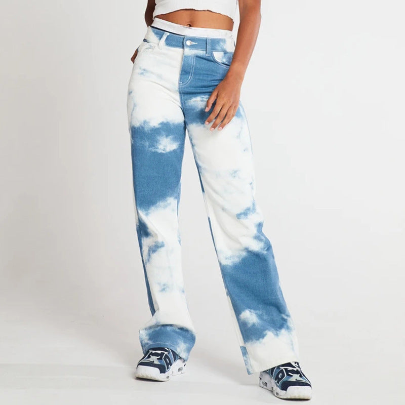 Tie Dye Print Straight Leg Jeans