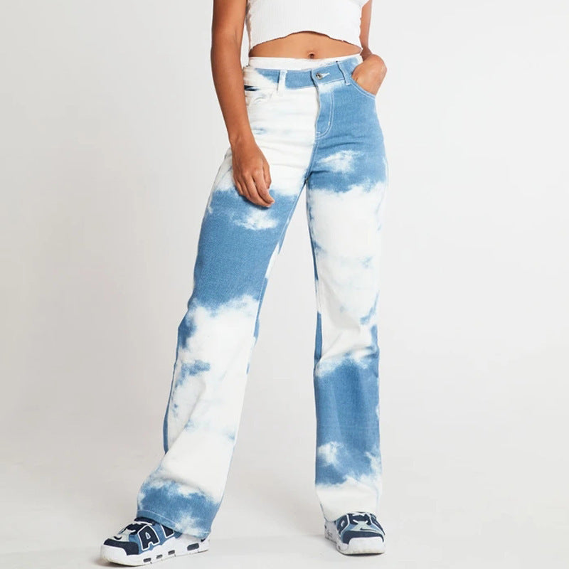 Tie Dye Print Straight Leg Jeans