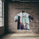 Short-sleeve shirt with artistic print on a white background