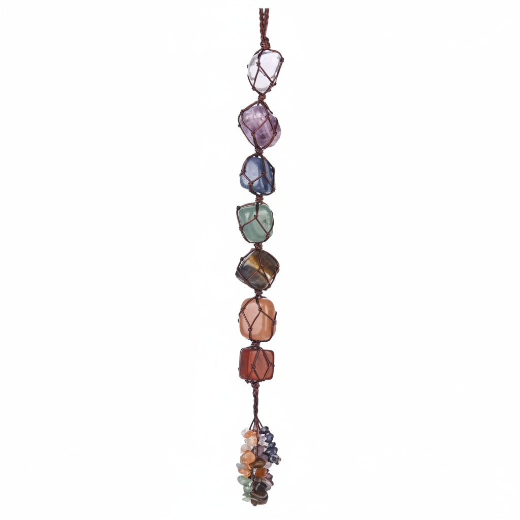 A multicolored beaded necklace with a geometric pattern, featuring various shaped beads and a brown string.