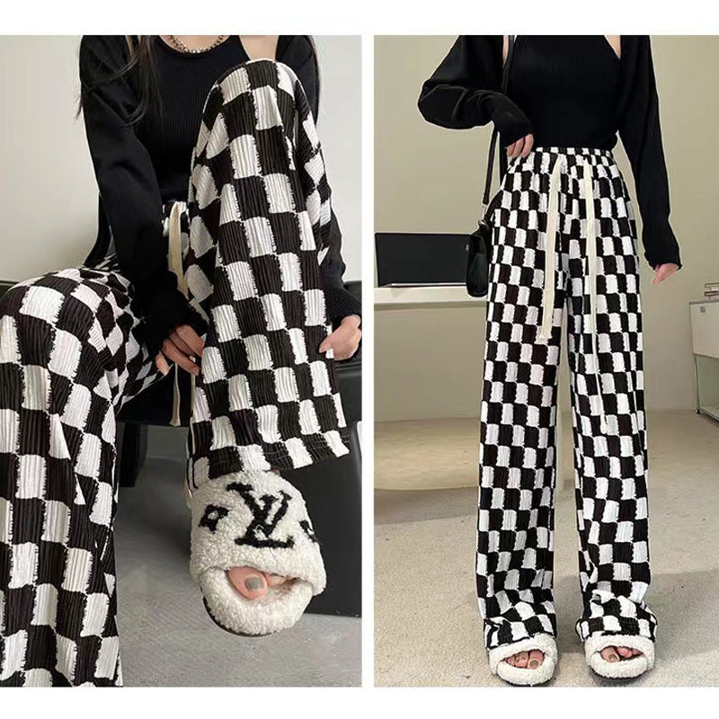 Chessboard Plaid Wide-leg Mop Pants