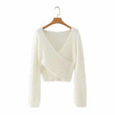 Fuzzy V-Neck Long-Sleeved Crop Top Sweater