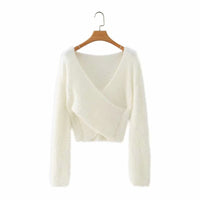 Fuzzy V-Neck Long-Sleeved Crop Top Sweater