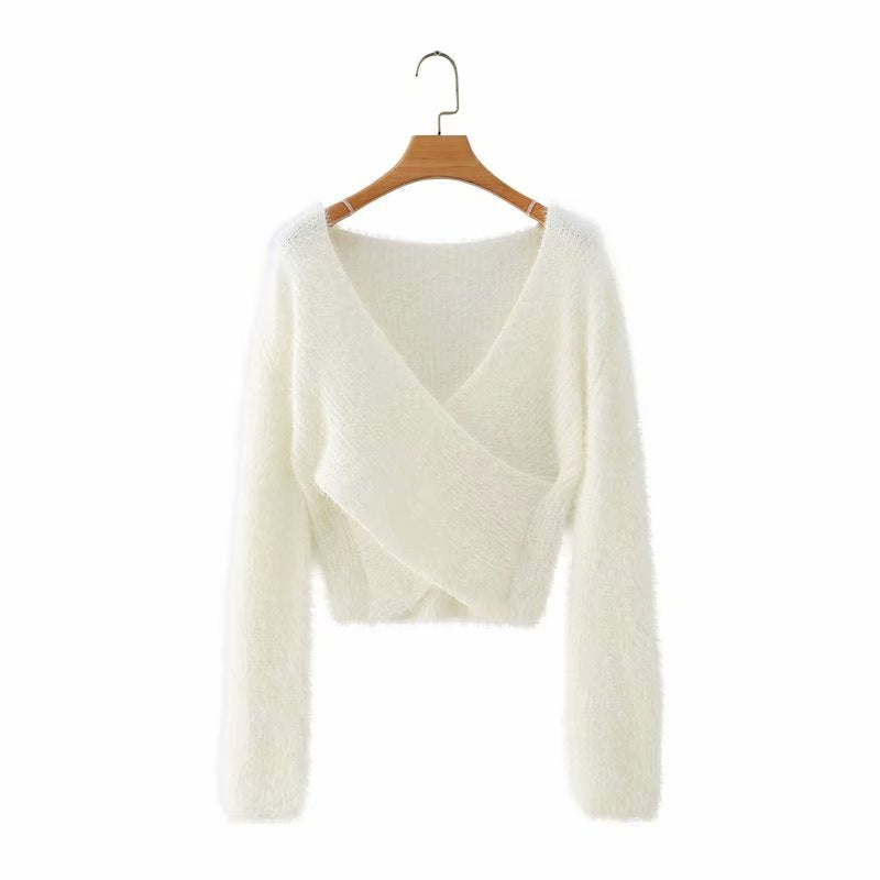 Fuzzy V-Neck Long-Sleeved Crop Top Sweater