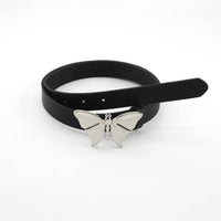 Black belt with a silver butterfly buckle on a white background