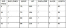 Size chart for clothing with measurements in centimeters