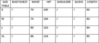 Size chart for clothing with measurements in centimeters