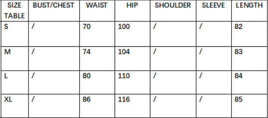 Size chart for clothing with measurements in centimeters