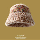 Plush hat with retro hand-knitted design on a gold background