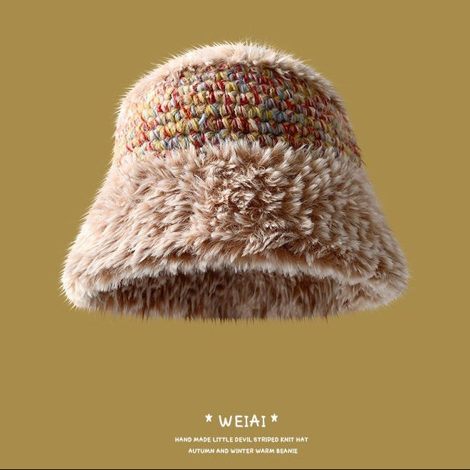 Plush hat with retro hand-knitted design on a gold background