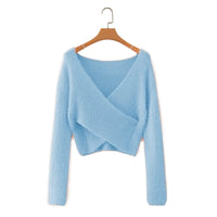 Fuzzy V-Neck Long-Sleeved Crop Top Sweater