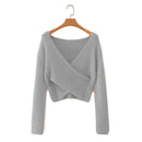 Fuzzy V-Neck Long-Sleeved Crop Top Sweater