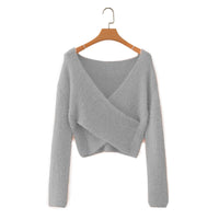 Fuzzy V-Neck Long-Sleeved Crop Top Sweater