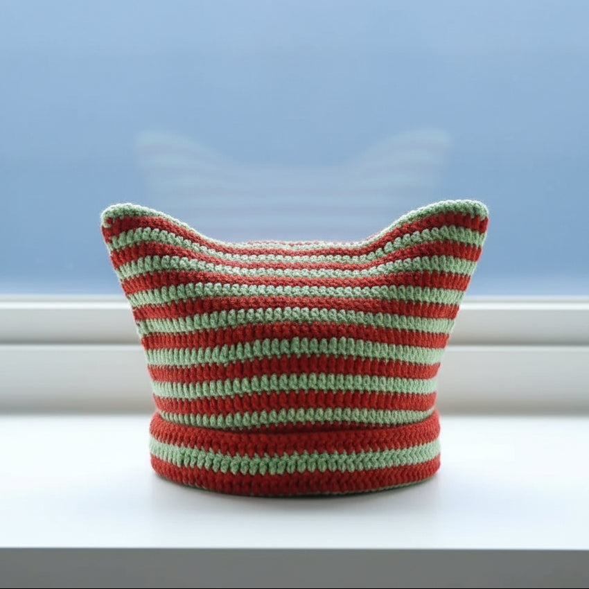 Cat Ears Striped Handmade Knitted Hat