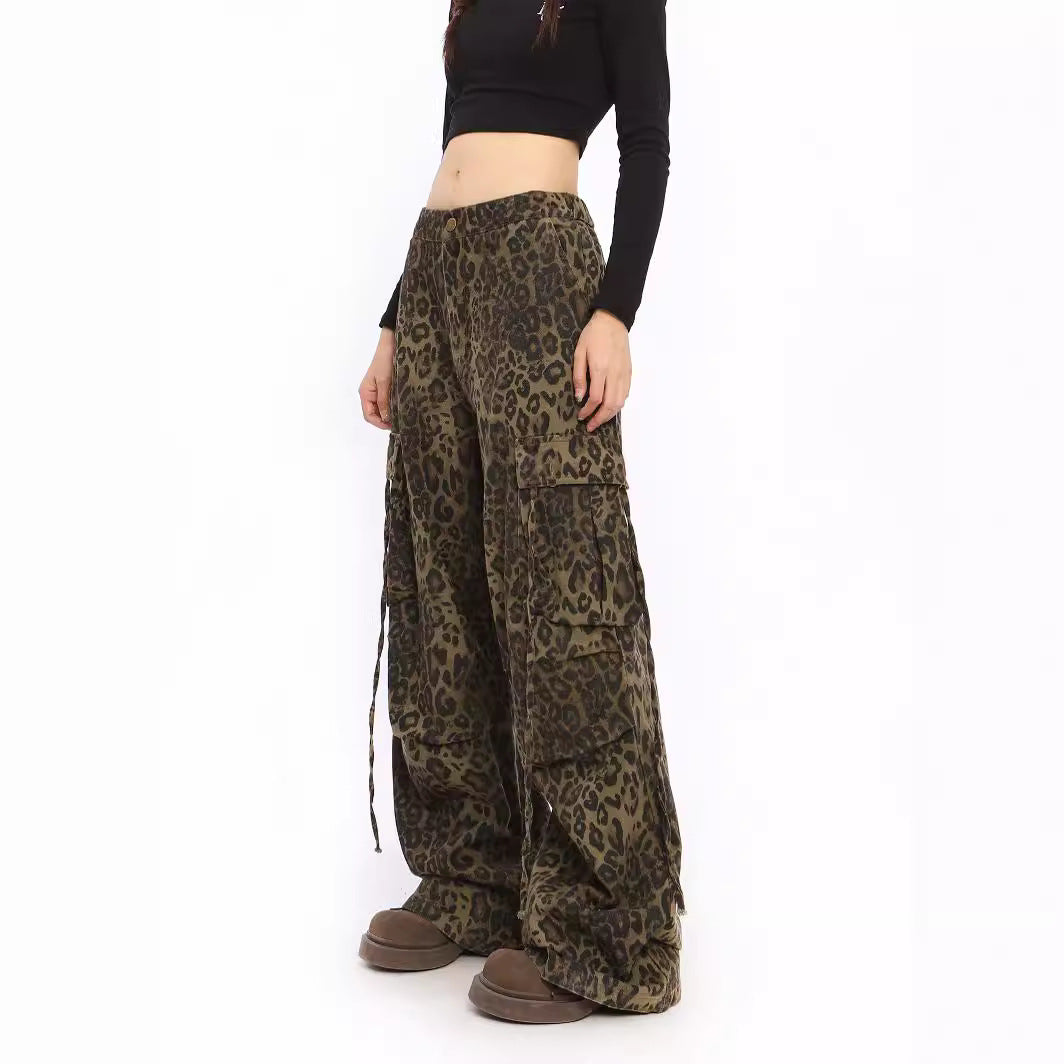 Leopard Print Wide-leg Cargo Pants