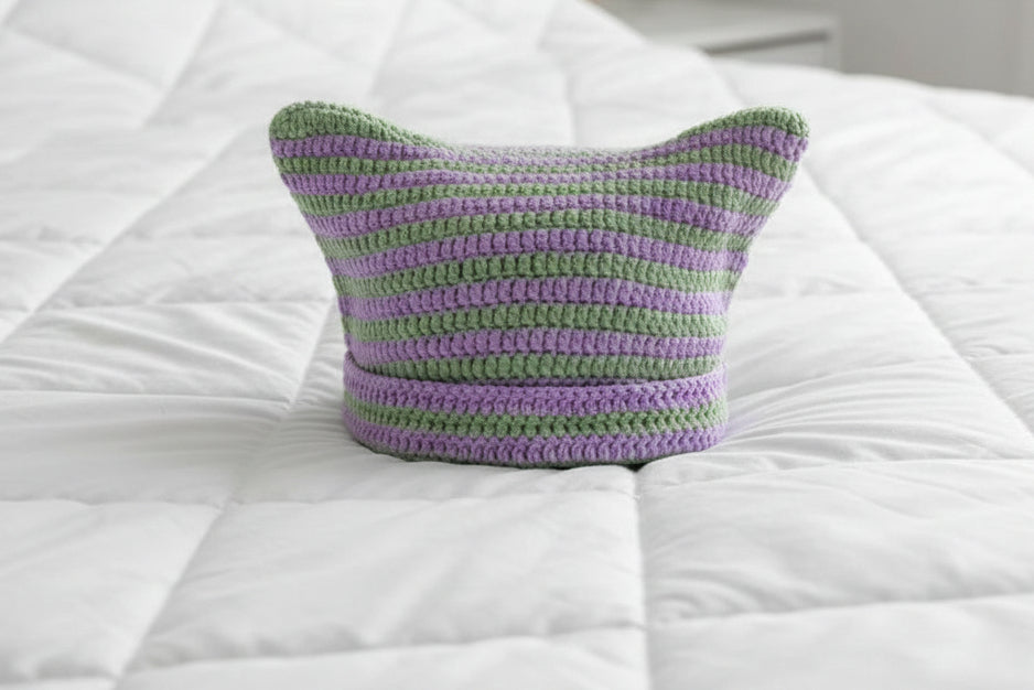Cat Ears Striped Handmade Knitted Hat