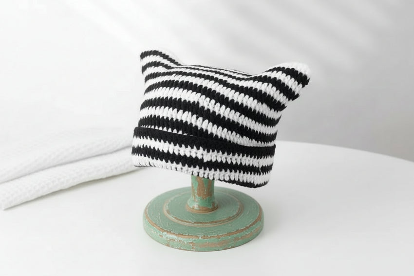Cat Ears Striped Handmade Knitted Hat