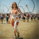 Orange and white patterned sports outfit on a model, posing at festival setting outdoors