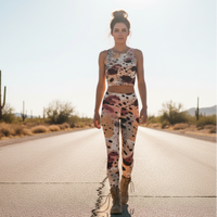 Woman in a patterned outfit standing on a road with cacti in the background
