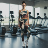 Colorful tank top and leggings set on a gym background