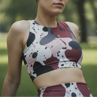 Person wearing a patterned sports bra in an outdoor setting