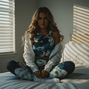 Blue and beige patterned tank top and leggings set on a white background