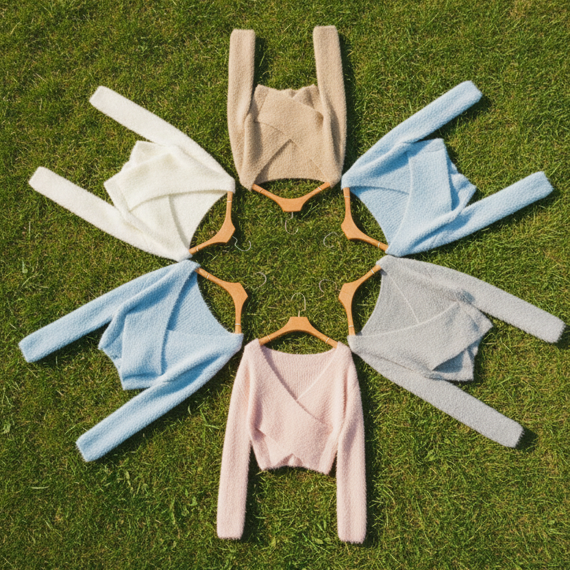 Set of six cropped sweaters in different colors on hangers, laying in a circle on the grass