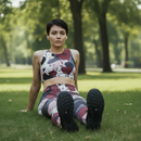 Sports outfit with a red, black, and white abstract pattern worn by a woman running in outdoor setting
