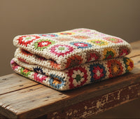 Stack of colorful crochet blankets on a wooden surface with a neutral background