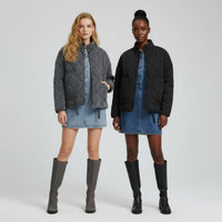 Two quilted jackets being worn by two different models against a neutral background