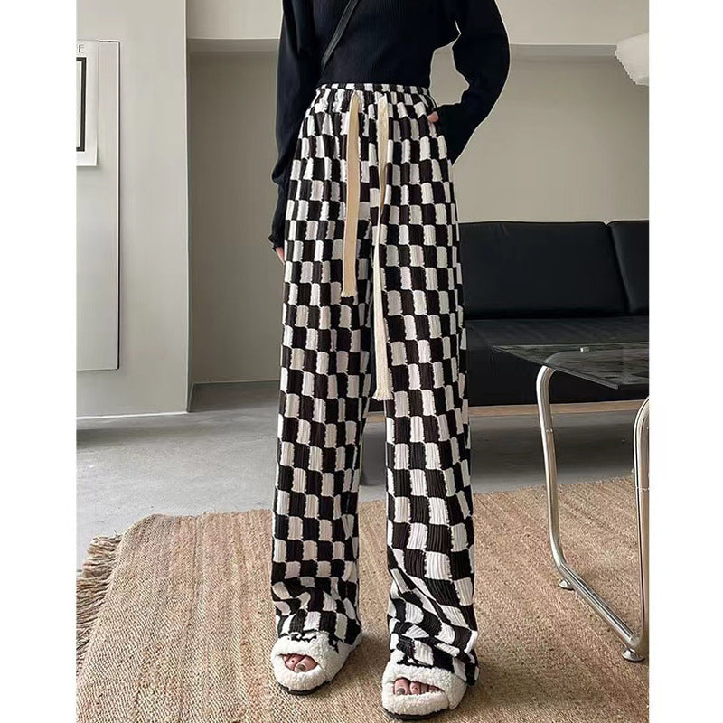 Chessboard Plaid Wide-leg Mop Pants