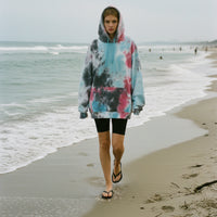 Tie-dye hoodie with multicolor pattern on a white background