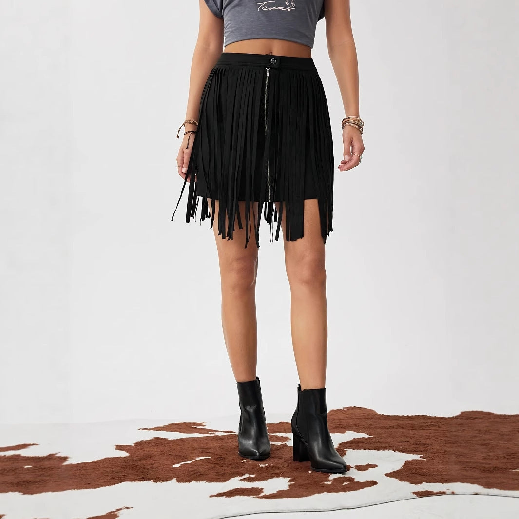 Western Denim Tassel Skirt