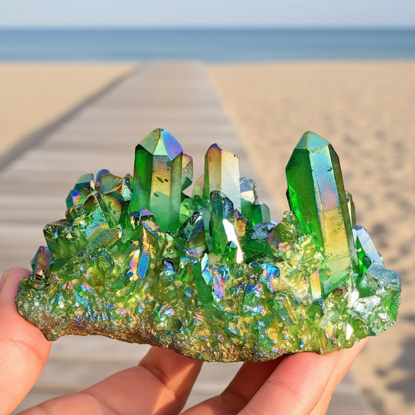A green crystal energy poly prism with multiple facets and a rough, uneven surface, held in a person's hand.