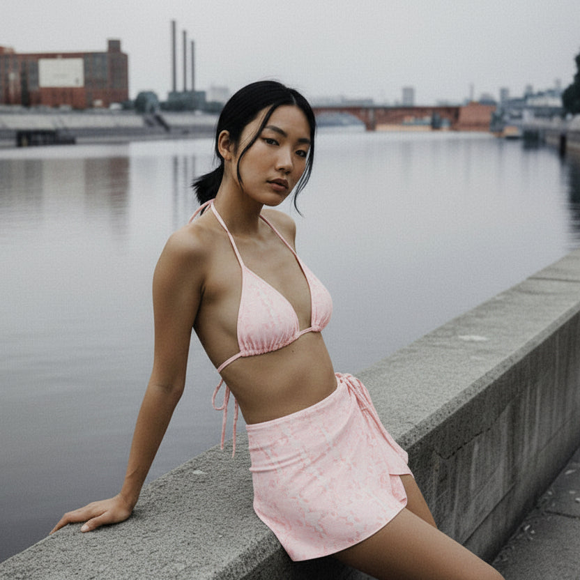 Woman in a patterned bikini sitting by a waterfront with buildings in the background