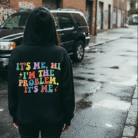 Black hoodie with colorful text on a white background
