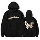 Black hoodie with 'Nostalgia' text on front and butterfly design on back
