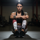 Woman in athletic wear sitting on a mat in a dark gym