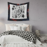 A cotton sateen wall tapestry featuring a space-themed design with various celestial bodies and plants, displayed above a bed in a room with minimalist decor.